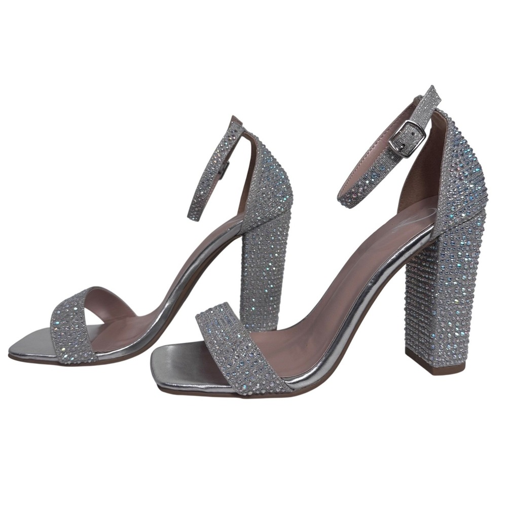 Sparkling Rhinestone Block Heels Silver Ankle Strap Square Toe Sandals 7 Prom - Picture 5 of 14